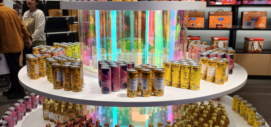 Beverage products displayed in an Asian retail channel